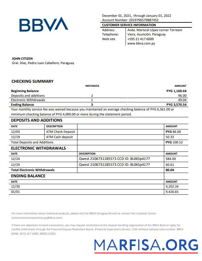 Downloadable Paraguay BBVA bank statement word download for verification